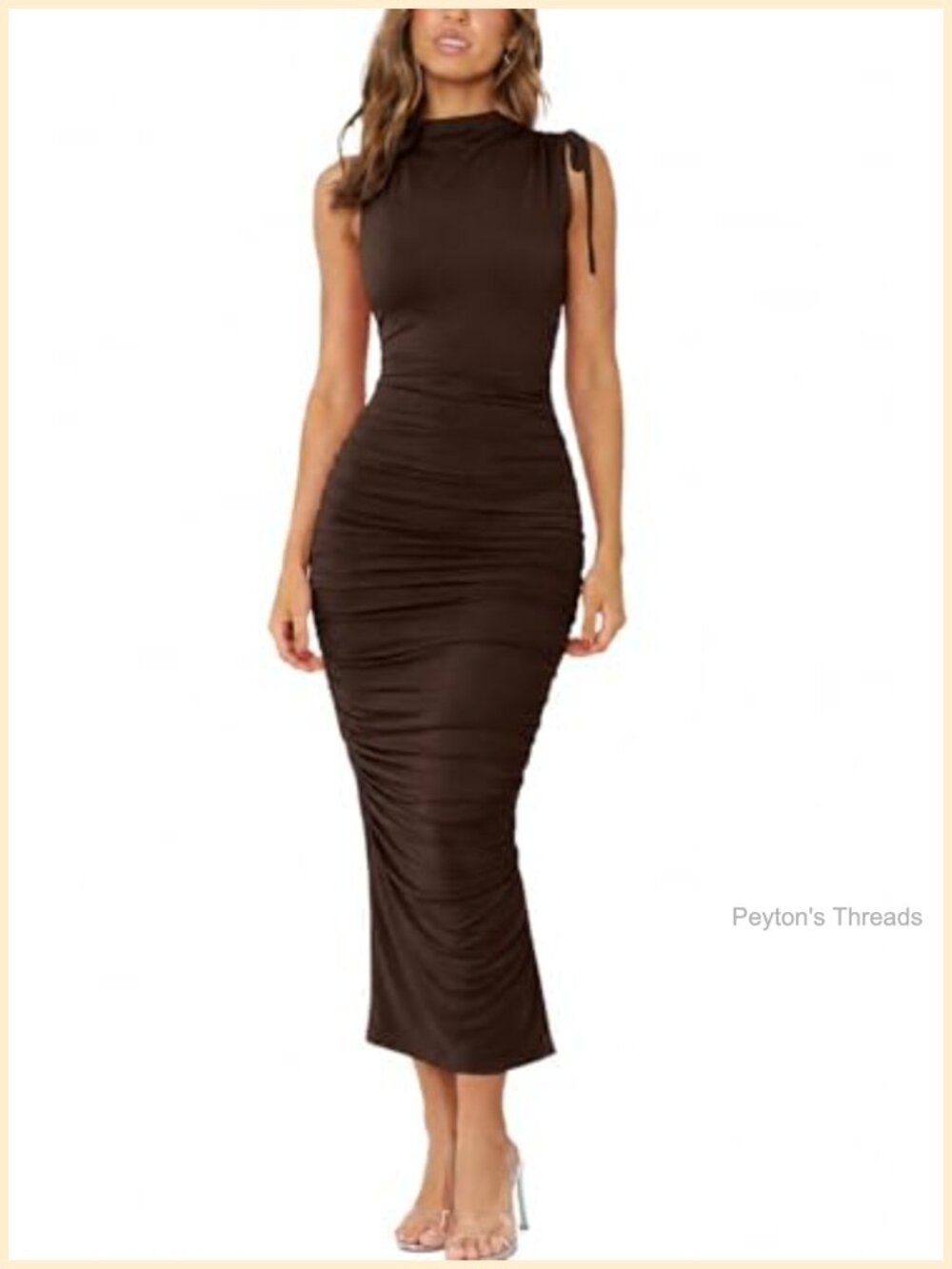 Sleeveless Mock Neck Ruched Bodycon Mesh Back Slit Cocktail Midi Dress